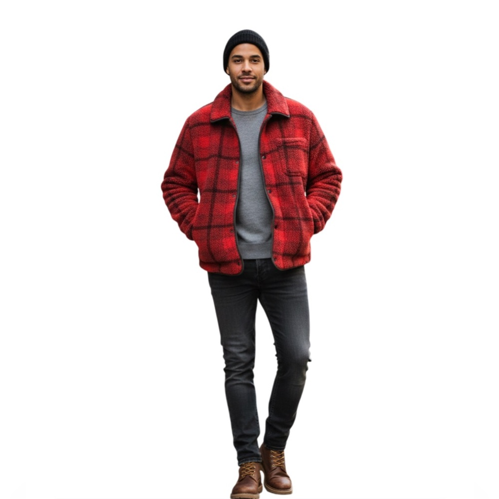 J. Crew Wallace‎ & Barnes sherpa fleece jacket in plaid Red and Black - Picture 3 of 14
